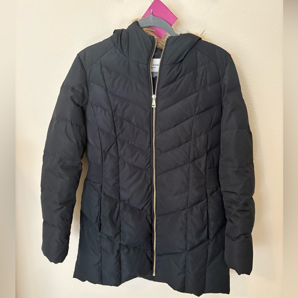 Cole Haan Signature Down and Feather Women's Black Fur-Lined Hood Quilted Jacket